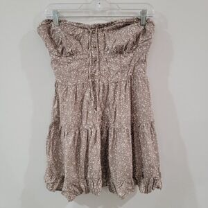 Y2K Strapless Babydoll Mini Dress Size Large Brown Floral Dainty‎ Milkmaid Smock